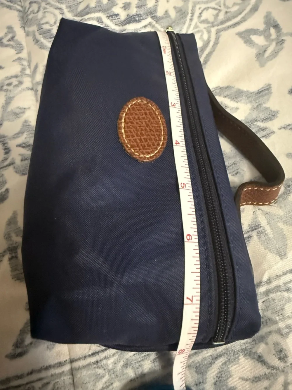 Longchamp Navy Canvas Pouch with Brown Leather Patch